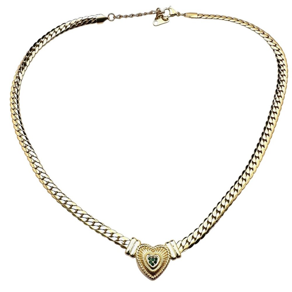 Womens Necklace Green Crystal Heart Gold Plated Choker Elegant Classic Design